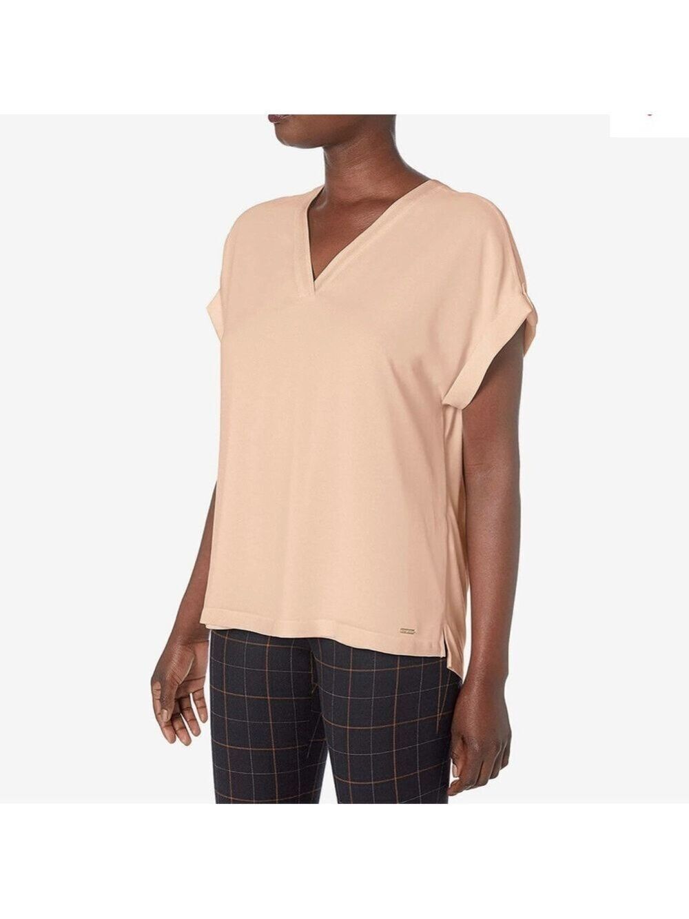 NEW Calvin Klein Mixed Fabric Short Sleeve Layered Top Peach SZ M